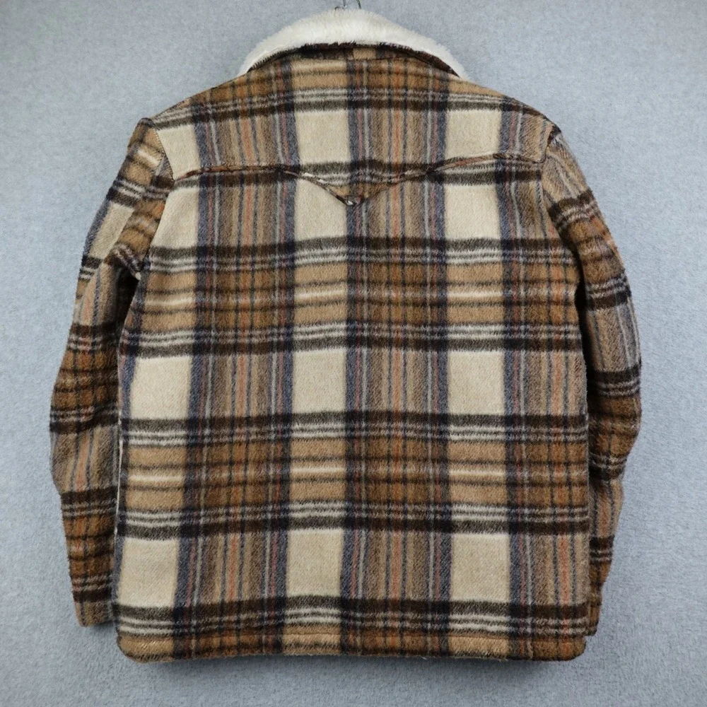 Vintage Montgomery Ward Wool Blend Jacket Mens Medium Plaid Sherpa Button 70s